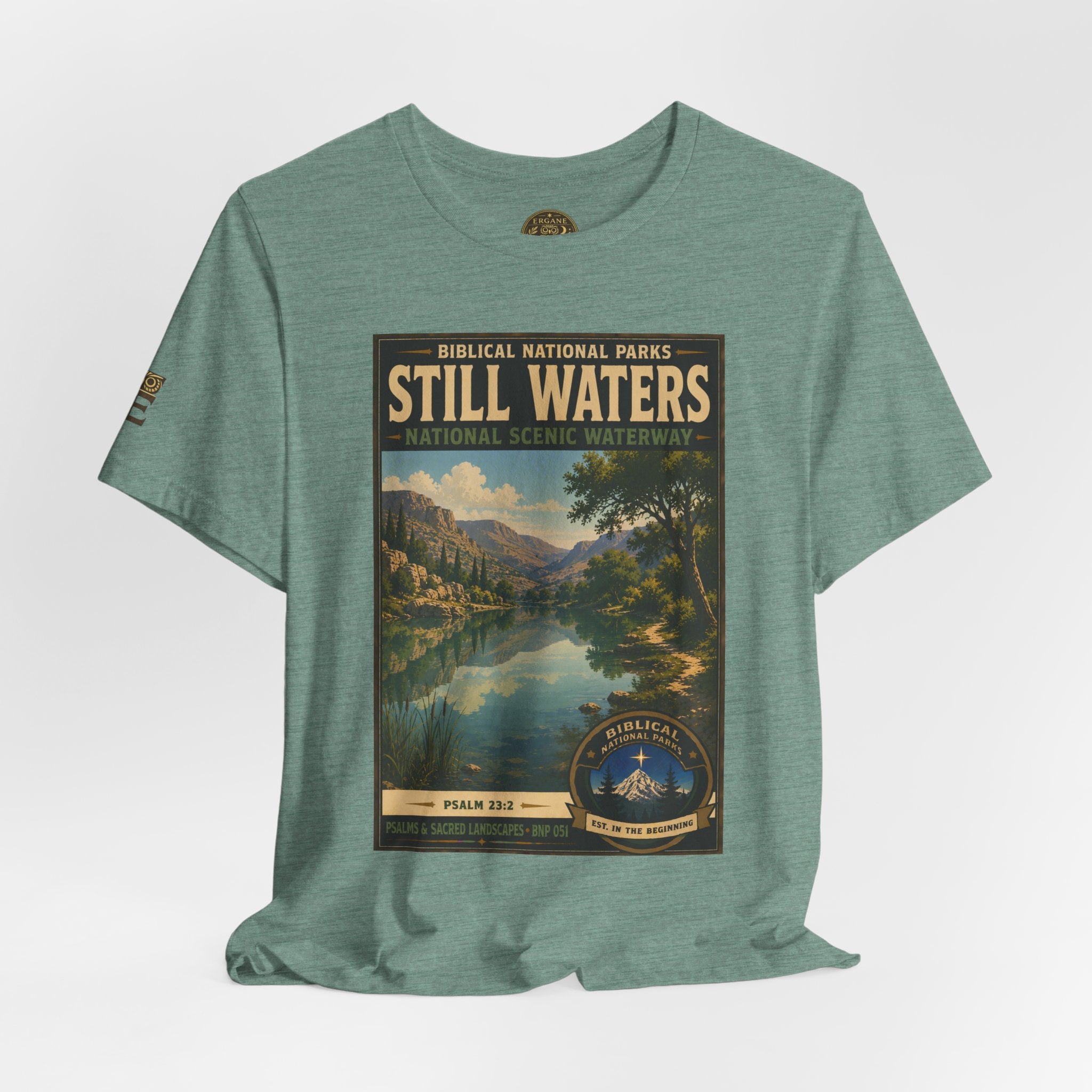 Biblical National Parks Collection IX- #051/054 -Psalms & Sacred Landscapes | Psalm 23:2 | Vintage nature poster Tee | Biblical national parks graphic shirt
