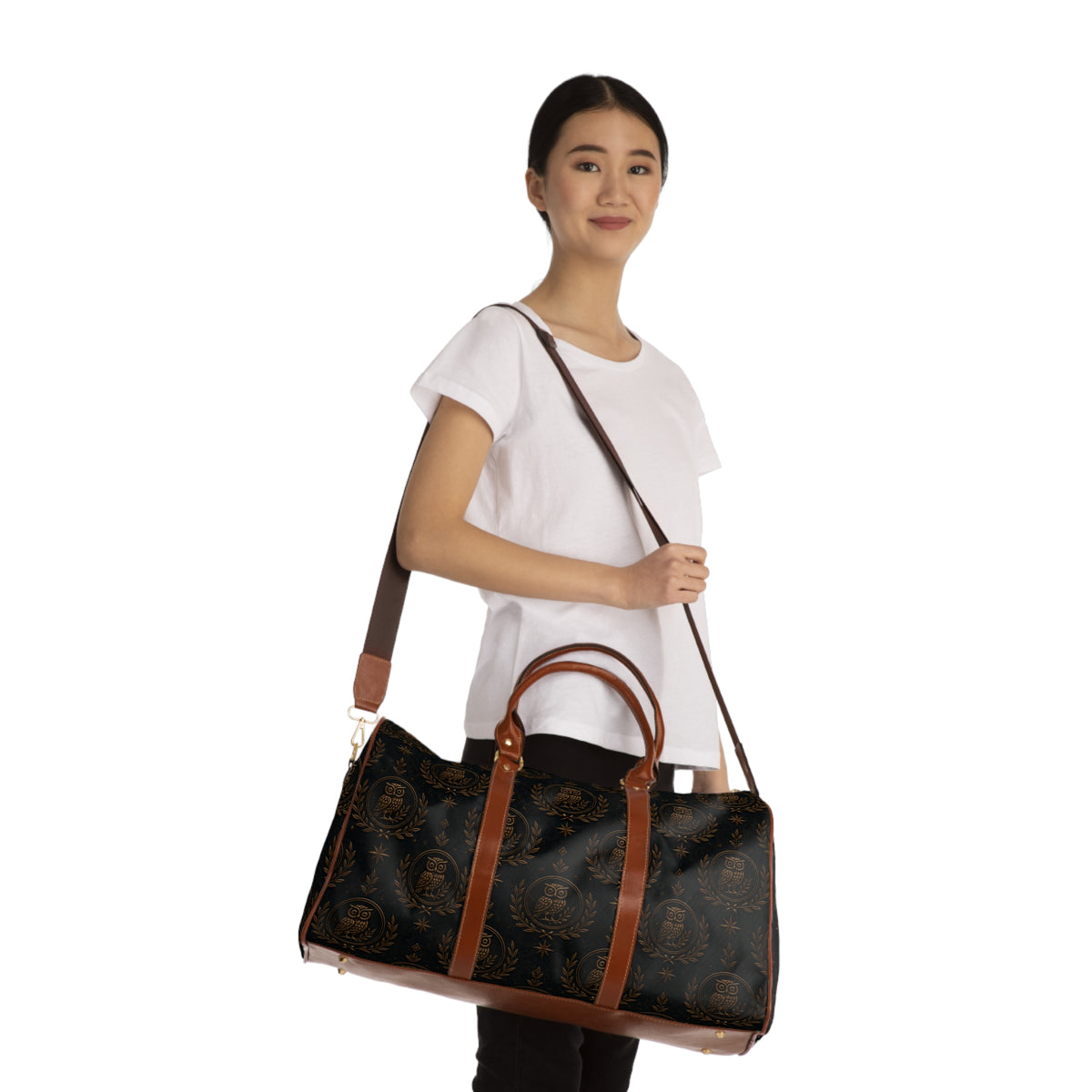 Waterproof Travel Duffle Bag — Elegant Owl Monogram Weekend Bag