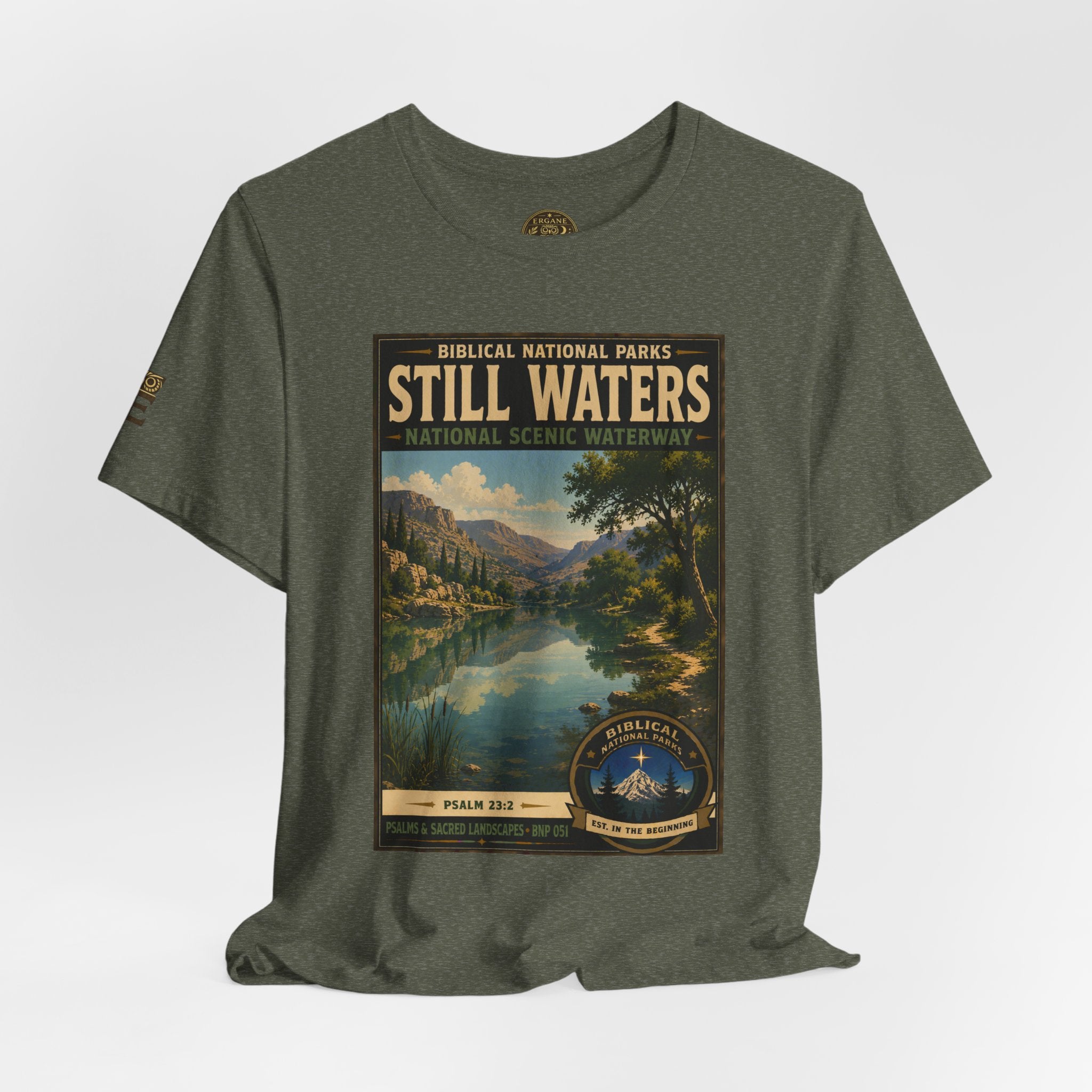 Biblical National Parks Collection IX- #051/054 -Psalms & Sacred Landscapes | Psalm 23:2 | Vintage nature poster Tee | Biblical national parks graphic shirt