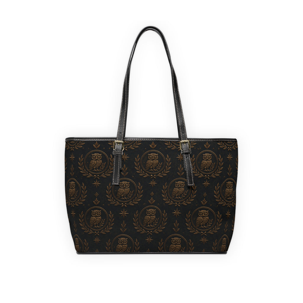 Vintage Owl Crest PU Leather Shoulder Bag — Elegant Brown Pattern Tote