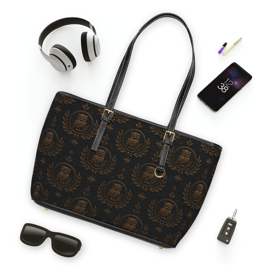 Vintage Owl Crest PU Leather Shoulder Bag — Elegant Brown Pattern Tote