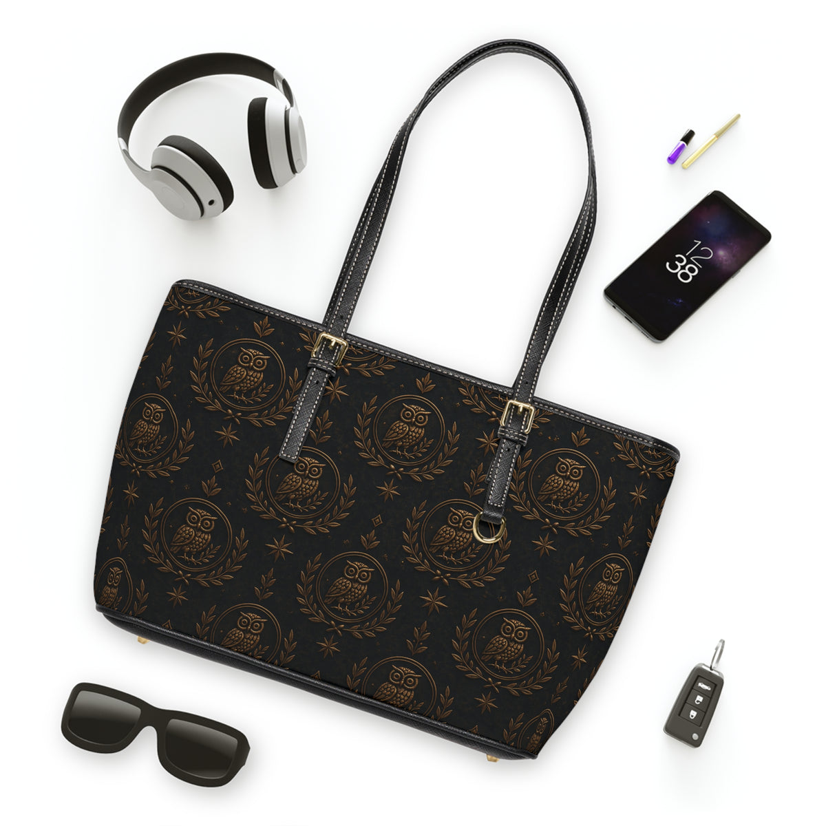 Vintage Owl Crest PU Leather Shoulder Bag — Elegant Brown Pattern Tote