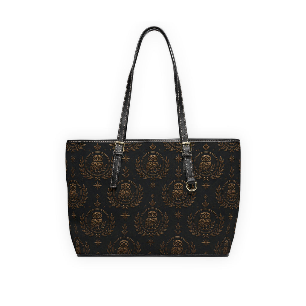 Vintage Owl Crest PU Leather Shoulder Bag — Elegant Brown Pattern Tote