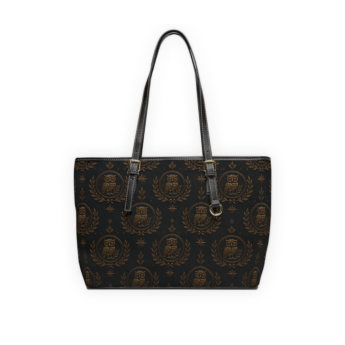 Vintage Owl Crest PU Leather Shoulder Bag — Elegant Brown Pattern Tote