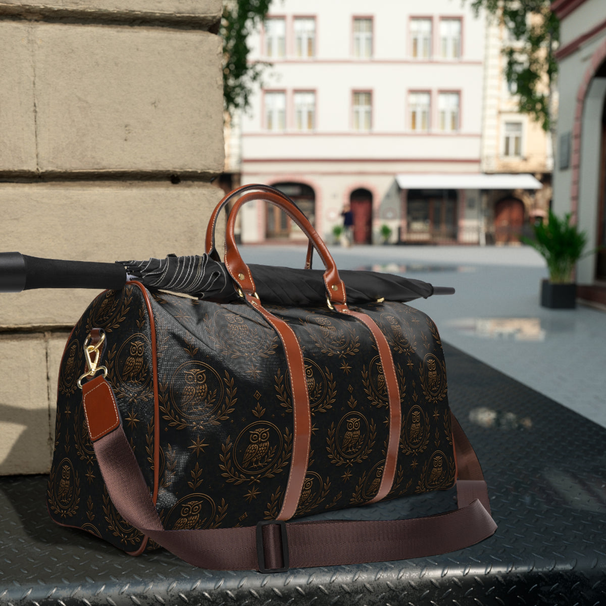 Waterproof Travel Duffle Bag — Elegant Owl Monogram Weekend Bag