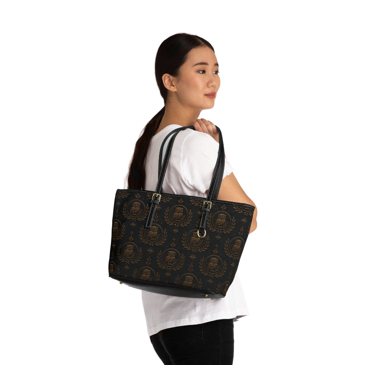 Vintage Owl Crest PU Leather Shoulder Bag — Elegant Brown Pattern Tote